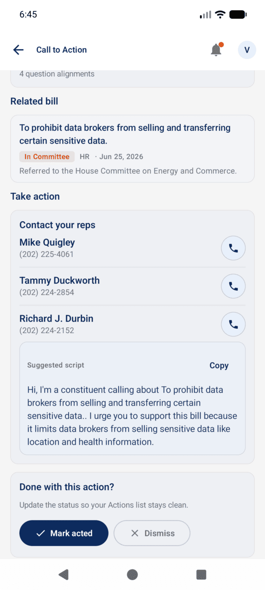 Civic Call to Action with representative contact guidance