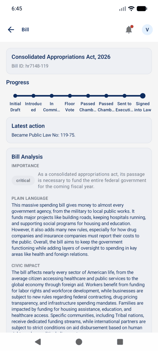 Bill detail with summary and legislative progress