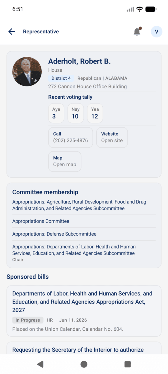 Representative profile with public activity