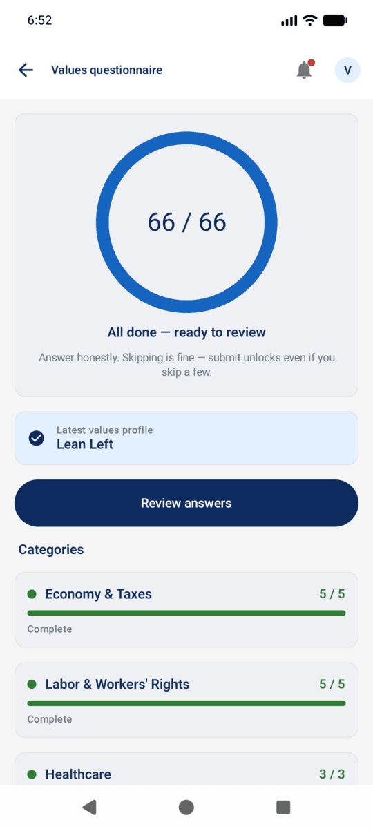 Values questionnaire for personalized bill matching